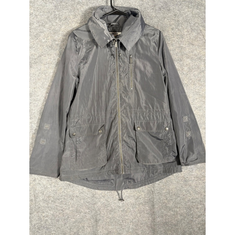 DKNY Womens Medium Grey Lightweight Hooded‎ Rain Jacket Zip Pockets